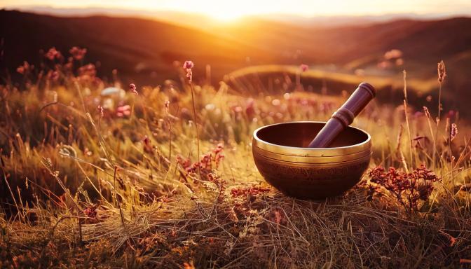 un bol tibétain posé dans un paysage apaisant