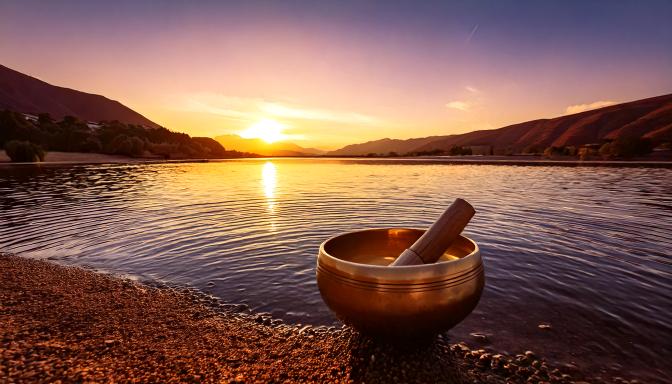 Un bol tibétains diffuse des ondes sonores dans l'eau d'un lac